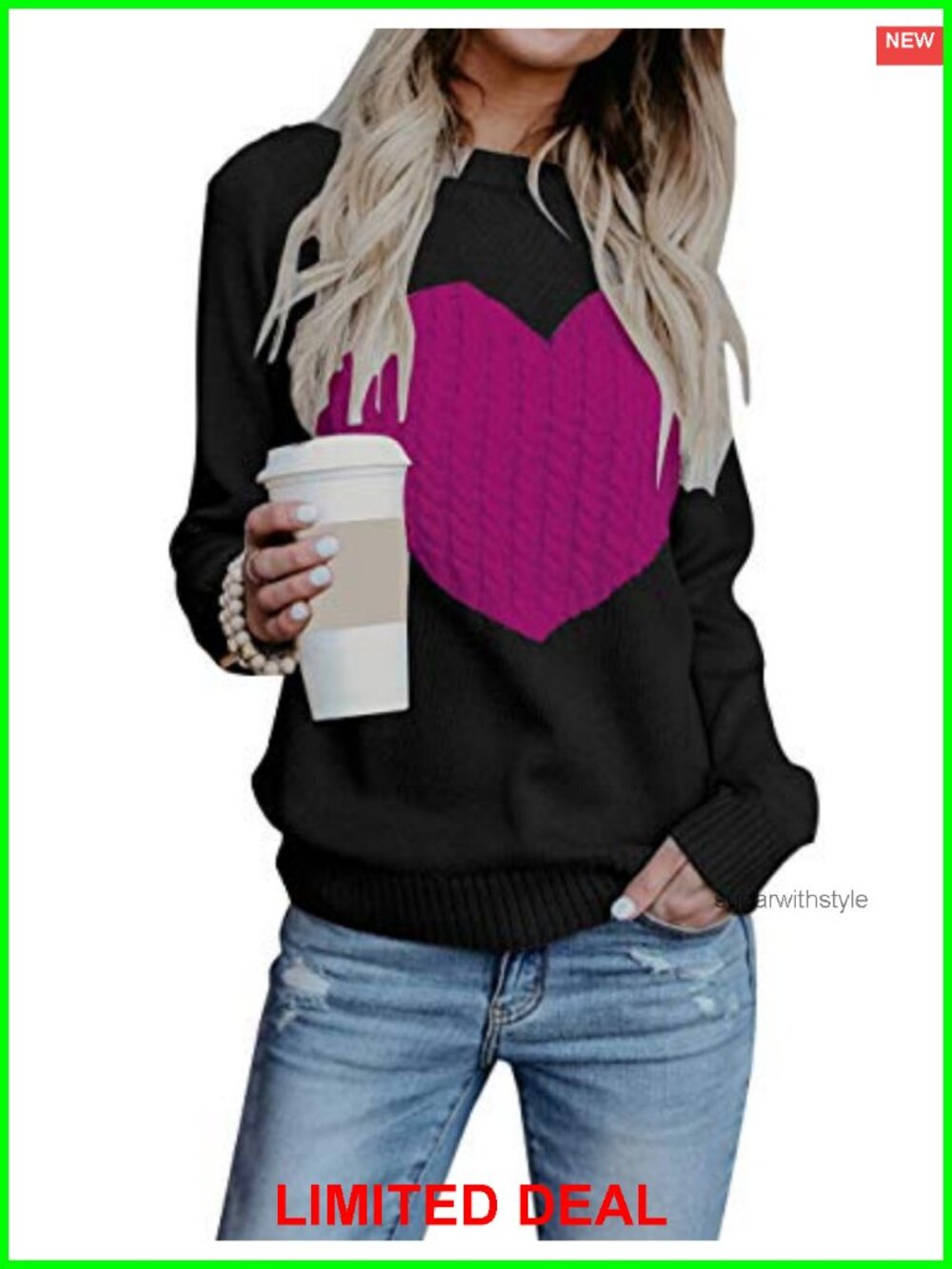 Womens Acrylic Crew Neck Heart Pullover Sweater Long Sleeve Loose Fit